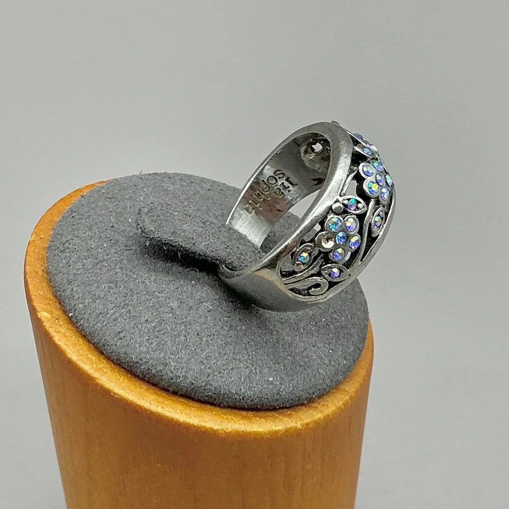 Lia Sophia Ring Womens Silver Tone Boho Floral AB Crystal Band Filigree Size 9